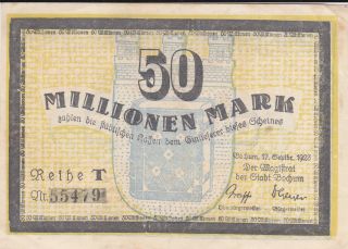 50 Millionen Mark Very Fine Banknote From Germany/bochum 1923
