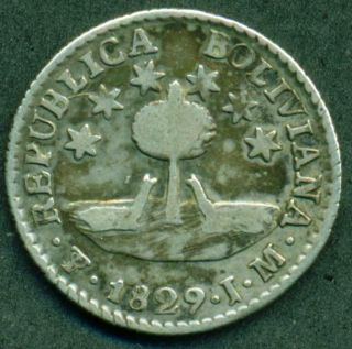 Bolivia Silver Coin 1/2 Real 1829 J.  M.  Simon Bolivar Portrait Scarce Date Vf
