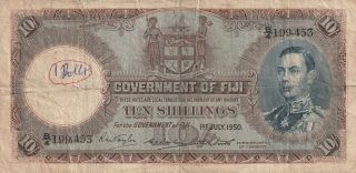 Fiji 10 Shillings Banknote 1.  7.  1950 P.  38j Good