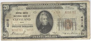 1929 - $20.  00 Central United National Bank Of Cleveland Ohio,