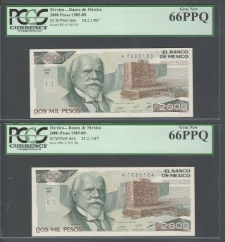 Mexico 2 Notes 2000 Pesos 24 - 2 - 1987 P86b Uncirculated Graded 66