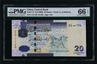 2009 Libya Central Bank 20 Dinars Pick 74 Pmg 66 Epq Gem Unc
