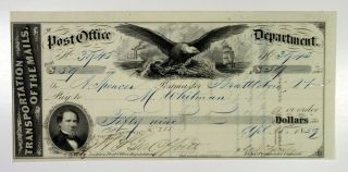 Transportation Of The Mails.  Post Office Department.  1859 Warrant/check For $59