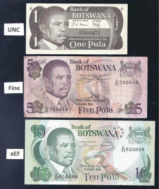 Botswana,  1983 - 92,  1 - 10 Pula,  3 Notes,  Fine - Unc