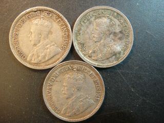 Trio (3) Canada George V Silver 5 Cents.  1913,  1918,  & 1920.  Extra Fine.  Toned.