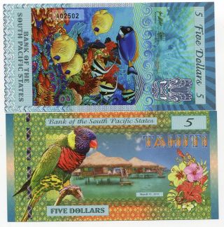 South Pacific States 5 Dollars 2015 Tahiti (french Polynesia) Polymer Unc