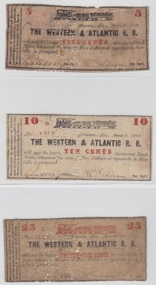 3 Different Confederate Georgia Scrip Notes From The Western & Atlantic R.  R.