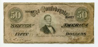 1864 $50 Note Confederate States Of America Currency Bill Richmond Fifty Dollar