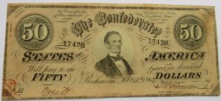 1864 $50 Confederate States Of America Note,  Civil War Currency Bill (272003g)