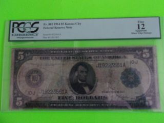 Fr 882 1914 $5 Federal Reserve Note Kansas City FRN Graded PCGS Fine 12 2