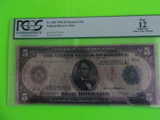 Fr 882 1914 $5 Federal Reserve Note Kansas City FRN Graded PCGS Fine 12 3
