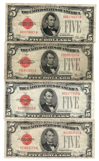 Group Of 4,  $5 1928,  1928 A,  1928 C & 1928 E Legal Tender Notes