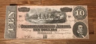1864 Civil War Confederate Money $10 Ten Dollar Note Bill