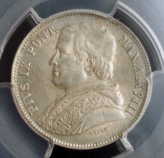 1864,  Vatican,  Pope Pius Ix.  Scarce Silver 20 Baiocchi Coin.  Pcgs Ms - 63