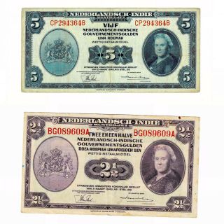 Netherlands Indies 1943 5 & 2 1/2 Gulden Cp Bg P112 P113