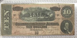 1864 Confederate States Of America $10 Ten Dollar Bill Currency Note W/ Holder