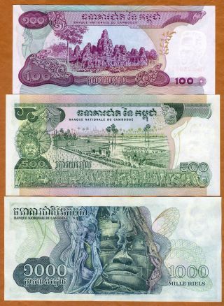 SET Cambodia,  100;500;1000 Riels,  ND (1973),  P - 15 - 16 - 17,  UNC Khmer Republic 2