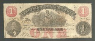$1 Virginia Treasury Note One Dollar Bill Obsolete Va Currency