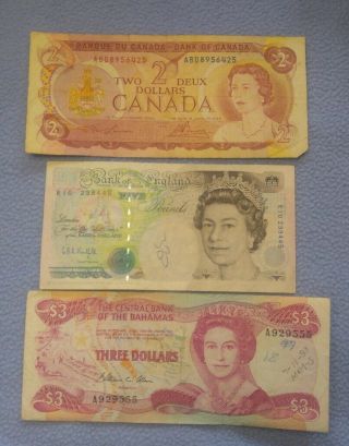 Bank Of England Five Pound Note 1990,  $3 Bahamas Note 1974,  $2 Canada Note 1974