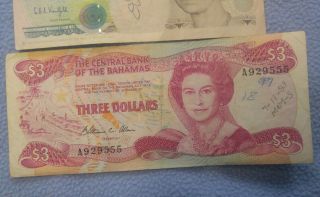 Bank of England Five Pound Note 1990,  $3 Bahamas Note 1974,  $2 Canada Note 1974 2