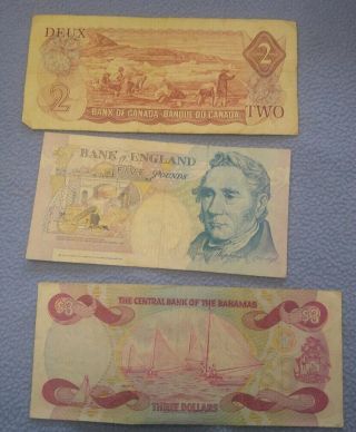 Bank of England Five Pound Note 1990,  $3 Bahamas Note 1974,  $2 Canada Note 1974 5