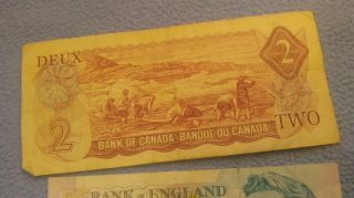 Bank of England Five Pound Note 1990,  $3 Bahamas Note 1974,  $2 Canada Note 1974 6