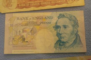 Bank of England Five Pound Note 1990,  $3 Bahamas Note 1974,  $2 Canada Note 1974 7
