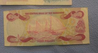 Bank of England Five Pound Note 1990,  $3 Bahamas Note 1974,  $2 Canada Note 1974 8