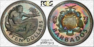 1973 - Fm Barbados $10 Dollars Pcgs Pr67dcam " Error " Color Toned