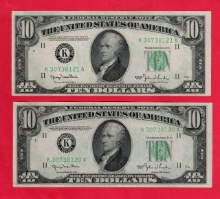 Two Consecutive 1950 $10.  00 Dallas Fed Res Notes