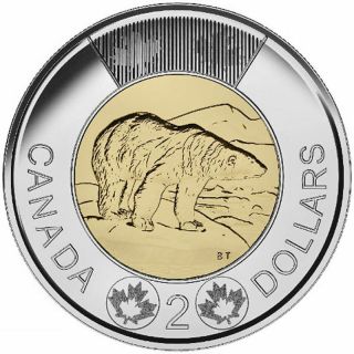 2016 Canada Polar Bear Toonie,  $2 Unc.  From Roll
