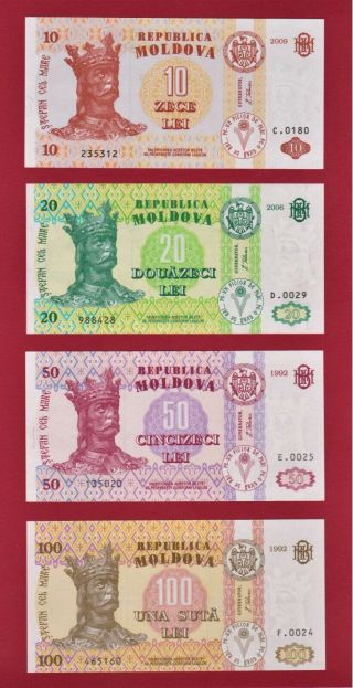 4 Four Moldova Unc Notes: 10 Lei 2009,  20 Lei 2006,  50 Lei 1992,  & 100 Lei 1992