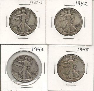 4 Walking Liberty Half Dollars 1940s,  1942,  1943,  1945