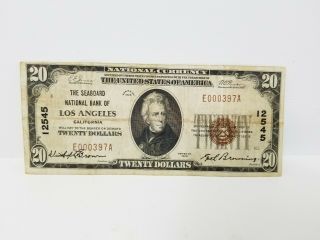 1929 Seaboard Bank Of Los Angeles National Currency Brown Seal $20 Twenty Dollar