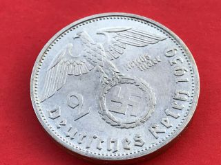 2 Reichsmark 1939 D With Nazi Coin Swastika Silver Brilliant