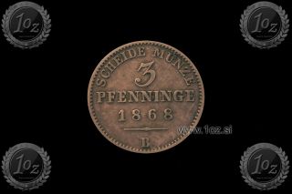 Germany / Prussia 3 Pfennig 1868 B (scheide MÜnze) Copper Coin (km 482) Xf