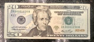 $20 Dollar Bill Note 2006 Low Serial Number Ik 00001230 B