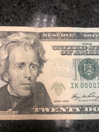 $20 Dollar Bill Note 2006 Low Serial Number IK 00001230 B 6