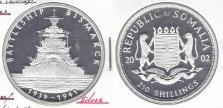 Somalia - Silver Proof 250 Shillings Coin 2002 Year Battle Ship Bismarck