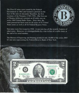 2003 $2 U.  S.  Federal Reserve Single Star Note (ny. ) - Bep Holder - 0000 2105