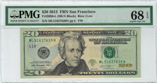 $20 2013 Frn San Francisco Fr 2098 - L (mln Block) Pmg 68 Epq