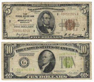 1929 $5 Frb Minneapolis,  1928 B $10 Chicago Lime Green Seal