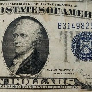 1934 C $10 Ten Dollar Silver Certificate Note - Old Us Currency Blue Seal