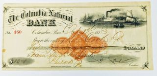 1873 The Columbia National Bank Pennsylvania Bank Check Ship Waterfront Vignette