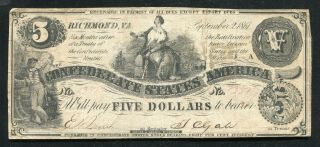 T - 36 1861 $5 Five Dollars Csa Confederate States Of America Currency Note (e)