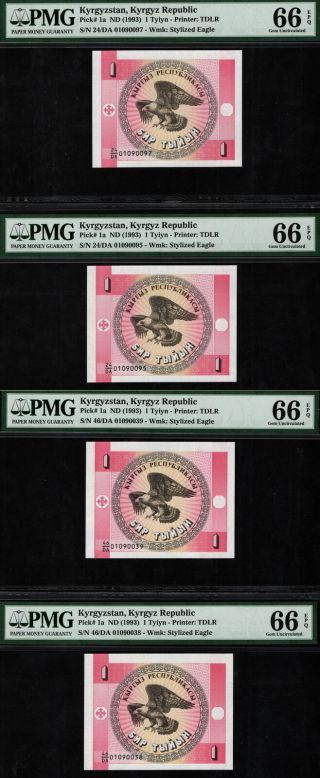 Tt Pk 1a 1993 Kyrgyzstan 1 Tyiyn " Bald Eagle " Pmg 66 Epq Gem Unc Set Of Four