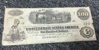 1862 One Hundred Dollars Confederate States Of America,  Richmond,  Train Vignette