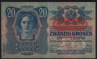 1913 Austria 20 Kronen 1919 Overprint Paper Money Banknote Currency P 53 Vf