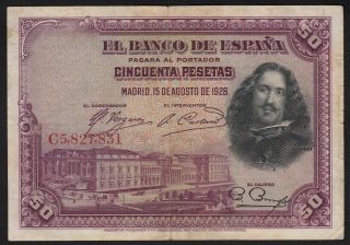 1928 50 Pesetas Spain Vintage Paper Money Rare Old Banknote Currency P 75b Vf