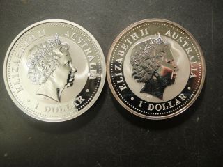 Pair (2) Australia Silver Dollars 2001 & 2007 Kookaburra Each 1 Troy Oz.  999 Fs.